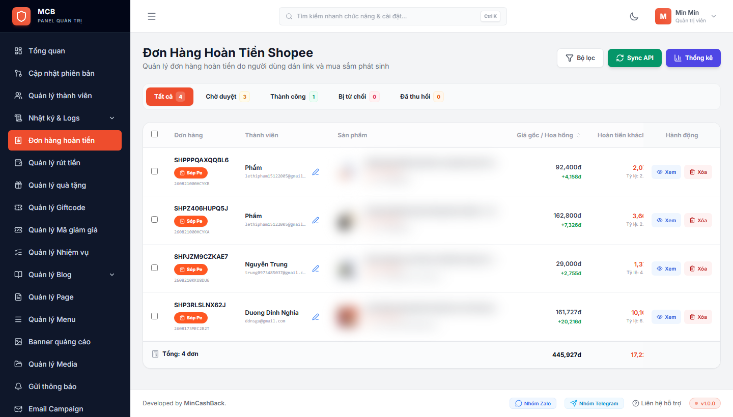 Admin Cashback